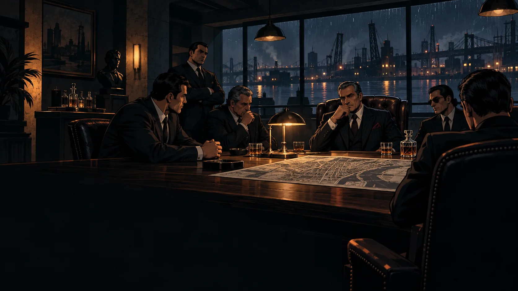 A crime family meets around a table overlooking the harbor
