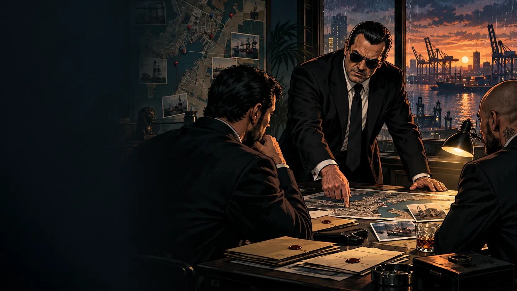 A crew planning a night operation over a city map